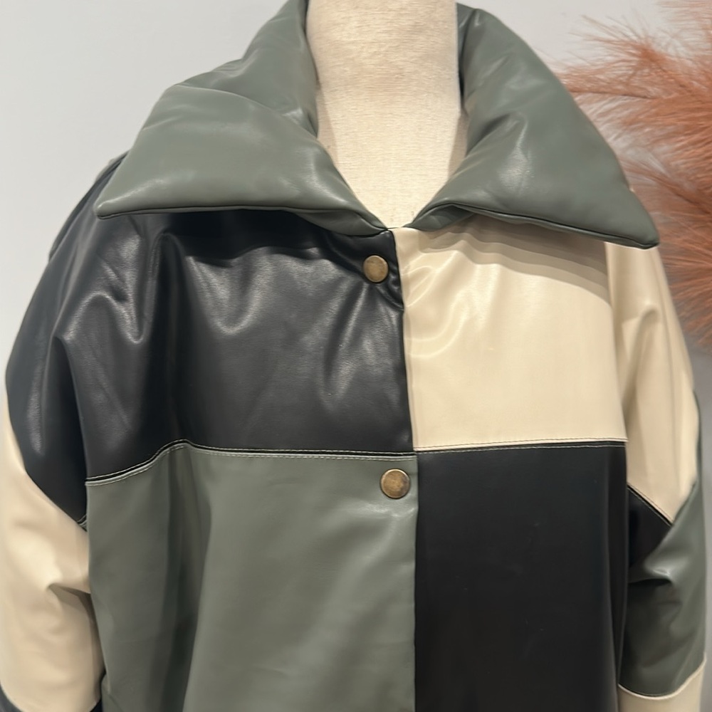 Patchwork Leather Jacket - Black, Cream, And Green - image 2